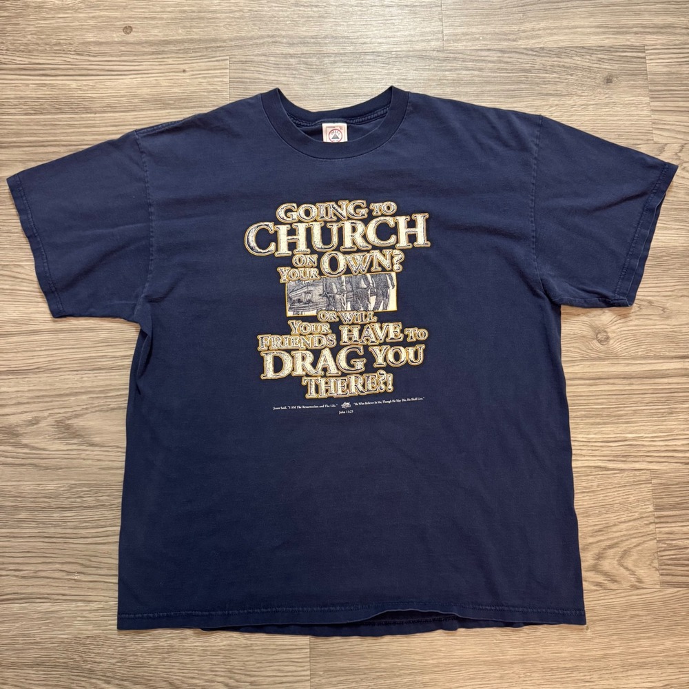 Vintage 90s Delta Pro Weight Going To Church Graphic T-Shirt Navy Blue XL